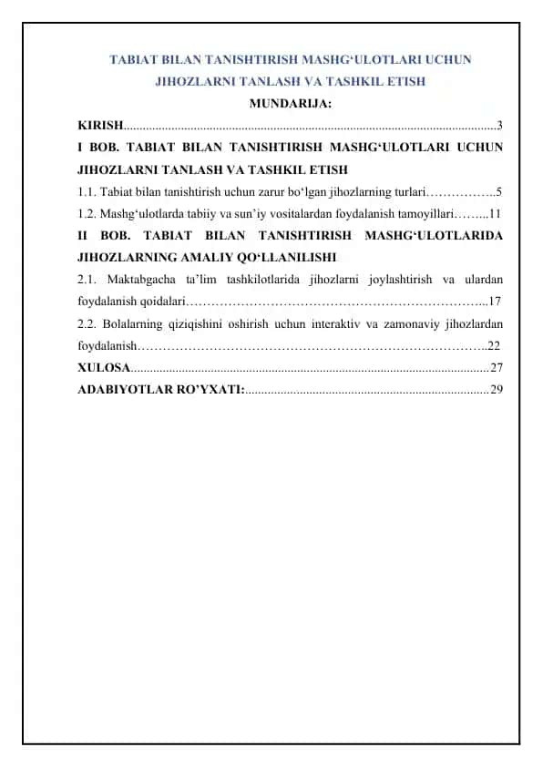 TABIAT BILAN TANISHTIRISH MASHG‘ULOTLARI UCHUN JIHOZLARNI TANLASH VA TASHKIL ETISH