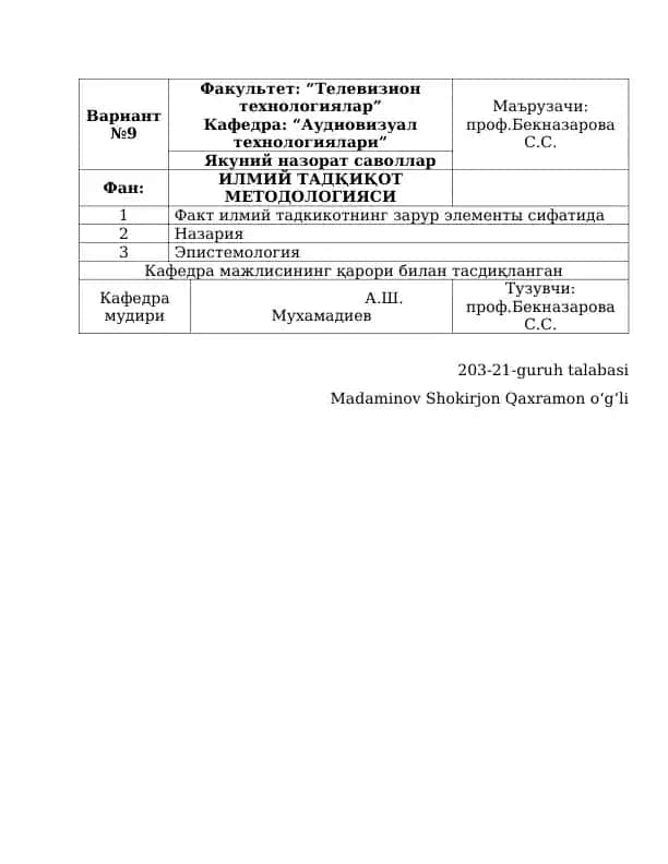 ИЛМИЙ ТАДҚИҚОТ МЕТОДОЛОГИЯСИ