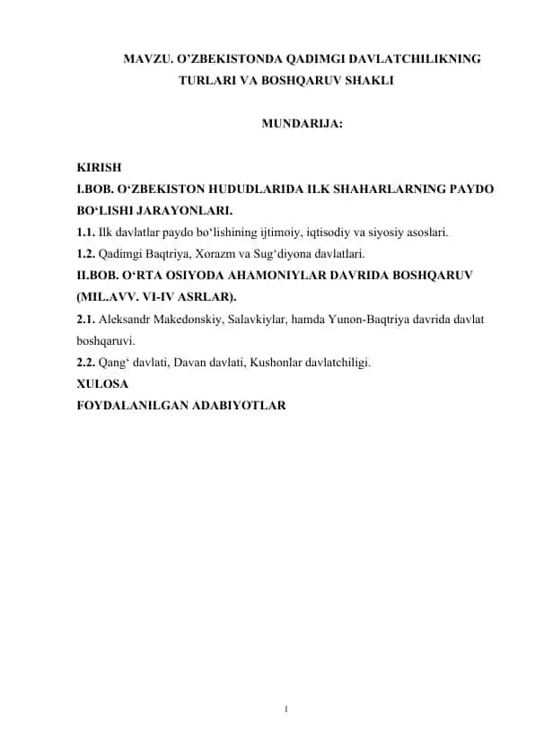 O'zbekistonda Qadimgi Davlatchilikning TurIari va Boshqaruv Shakli