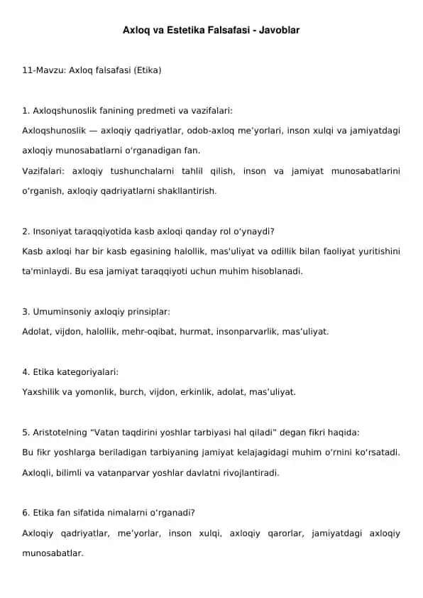 Axloq va Estetika Falsafasi - Javoblar