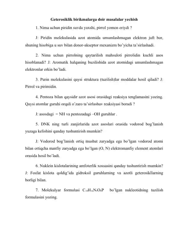 Geterosiklik birikmalarga doir masalalar yechish