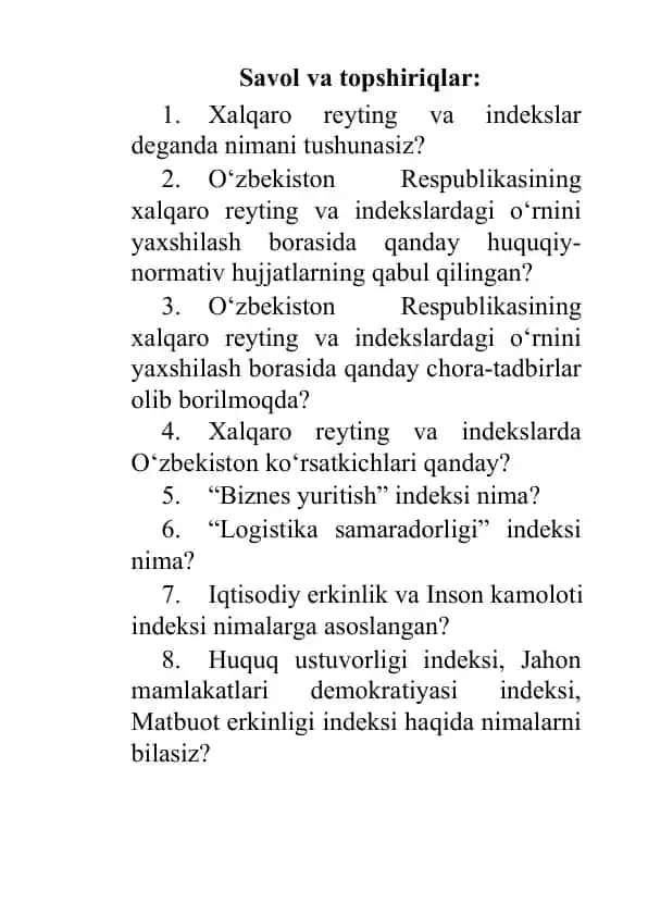 Xalqaro Reytinglar va Indekslar