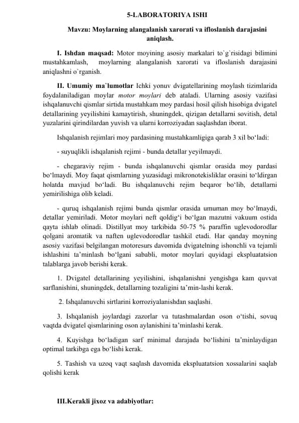 Laboratoriya ishi - Moylarning alangalanish xarorati va ifloslanish darajasini aniqlash