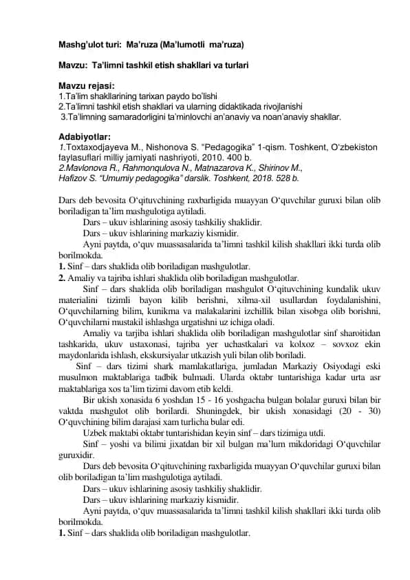 Ta'limni tashkil etish shakllari va turlari