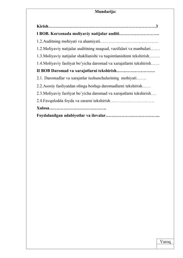 Moliyaviy Natijalar Auditining Asosiy Xususiyatlari