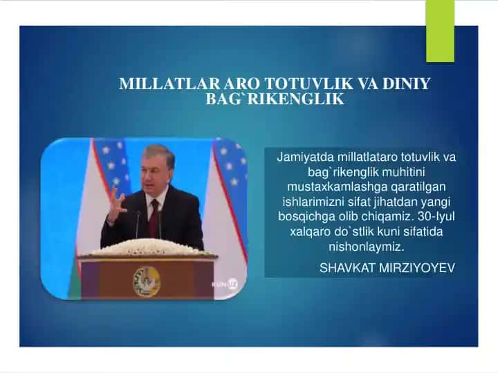 SHAVKAT MIRZIYOYEV MILLATLAR ARO TOTUVLIK VA DINIY BAG`RIKENGLIK