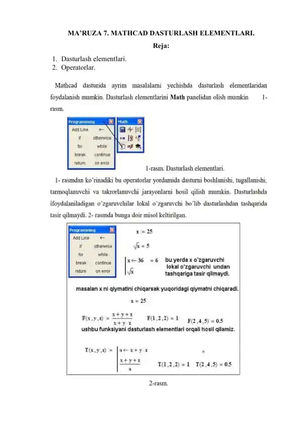 Mathcad Dasturlash Elementlari