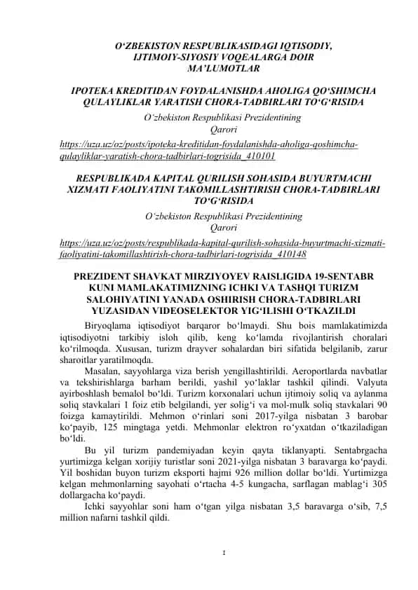 O‘zbekiston Respublikasidagi Iqtisodiy, Ijtimoiy-Siyosiy Voqealarga Doir Ma’lumotlar