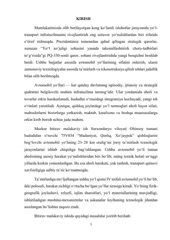 Avtomobil yo‘llarining ta'mirlash va rekonstruksiya qilish