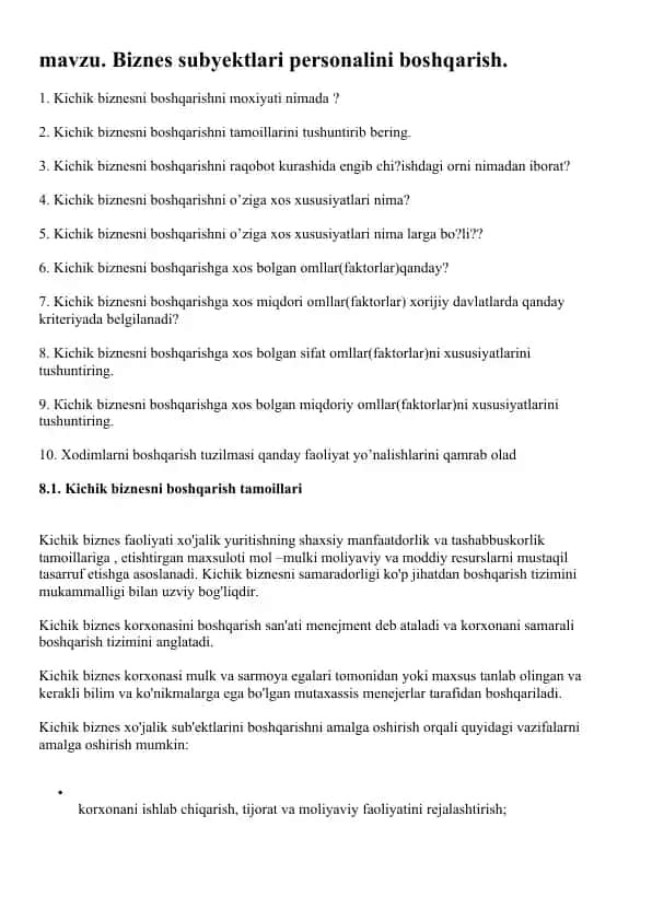 Biznes subyektlari personalini boshqarish