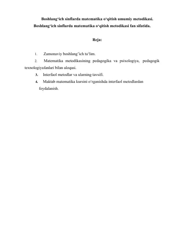 Boshlang‘ich sinflarda matematika o‘qitish umumiy metodikasi