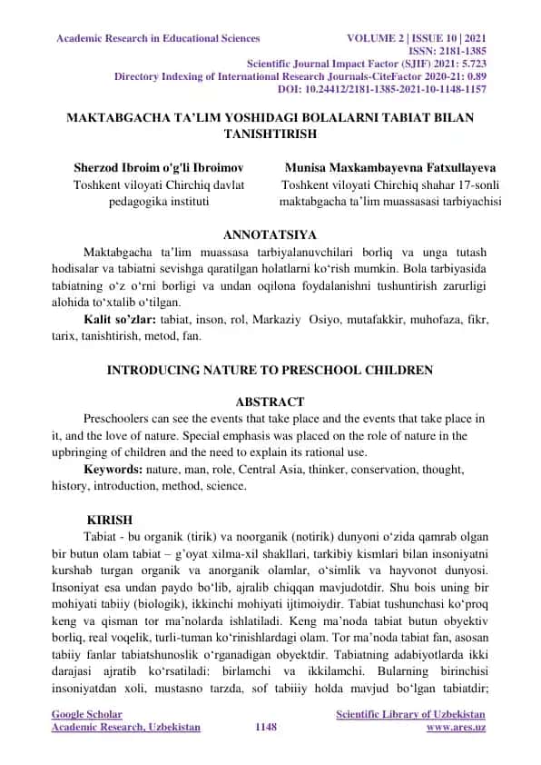 Maktabgacha ta’lim yoshidagi bolalarni tabiat bilan tanishtirish