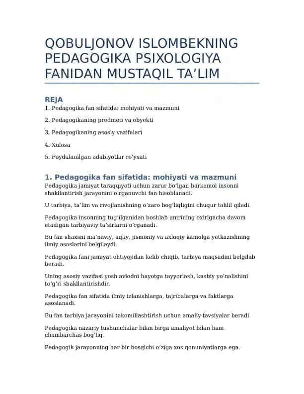 Pedagogika Psixologiya Fanidan Mustaqil Ta’lim