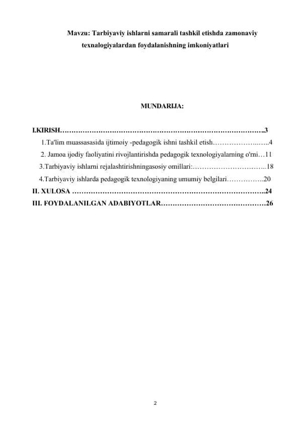 Tarbiyaviy ishlarni samarali tashkil etishda zamonaviy texnalogiyalardan foydalanishning imkoniyatlari