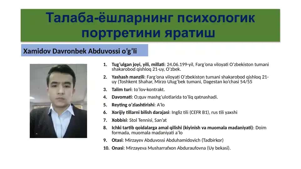 Xamidov Davronbek Abduvossi o’g’li