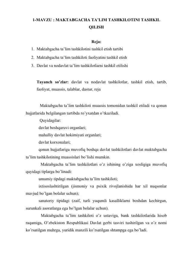 Maktabgacha Ta'lim Tashkilotini Tashkil Qilish