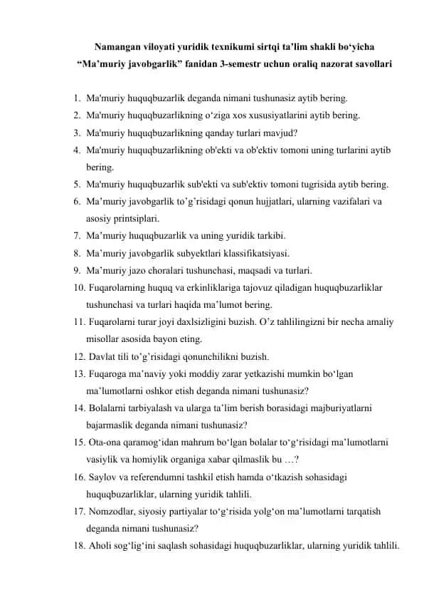 "Ma'muriy javobgarlik fanidan nazorat savollari"