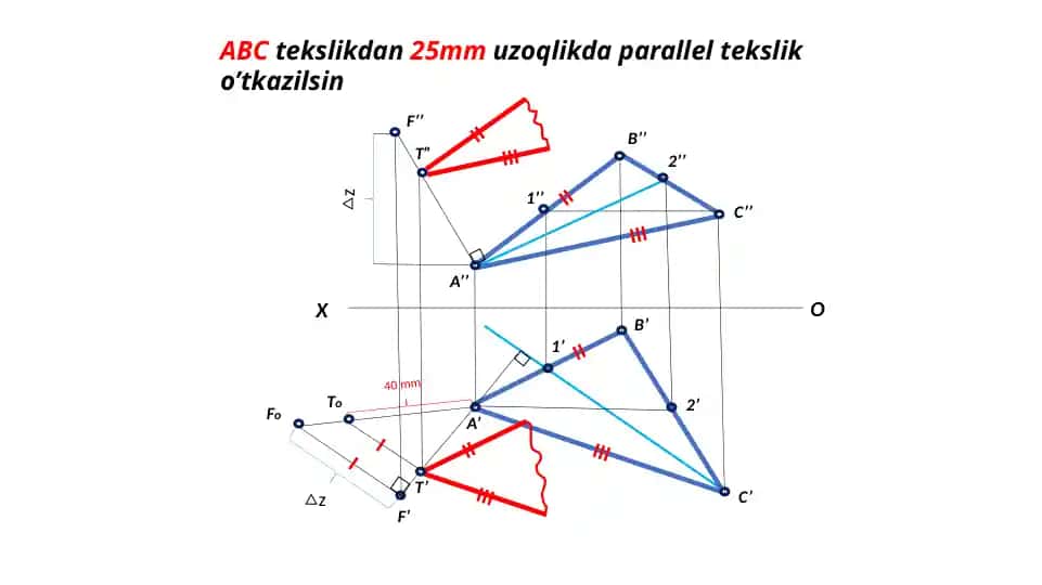 3-grafik topshiriq – ABC tekislikdan 25 mm uzoqlikda parallel tekislik va N nuqta orqali o‘tuvchi tekislikning izlarini chizish