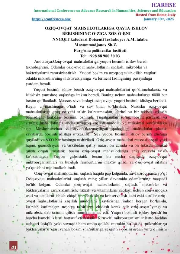 Oziq-ovqat mahsulotlariga qayta ishlov berishining o‘ziga xos o‘rni