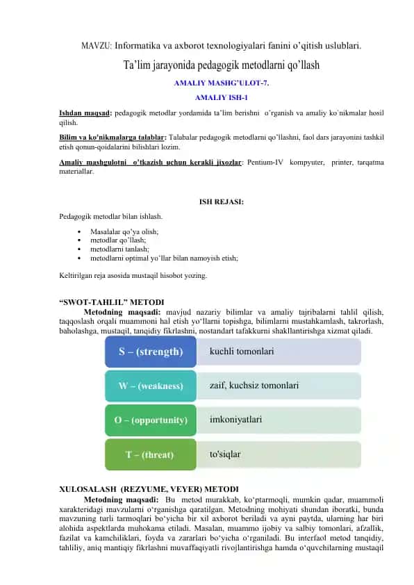 Pedagogik metodlar bilan ishlash