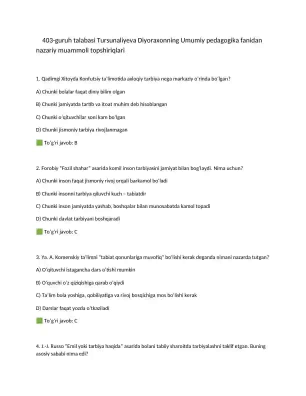 Umumiy pedagogika fanidan nazariy muammoli topshiriqlari