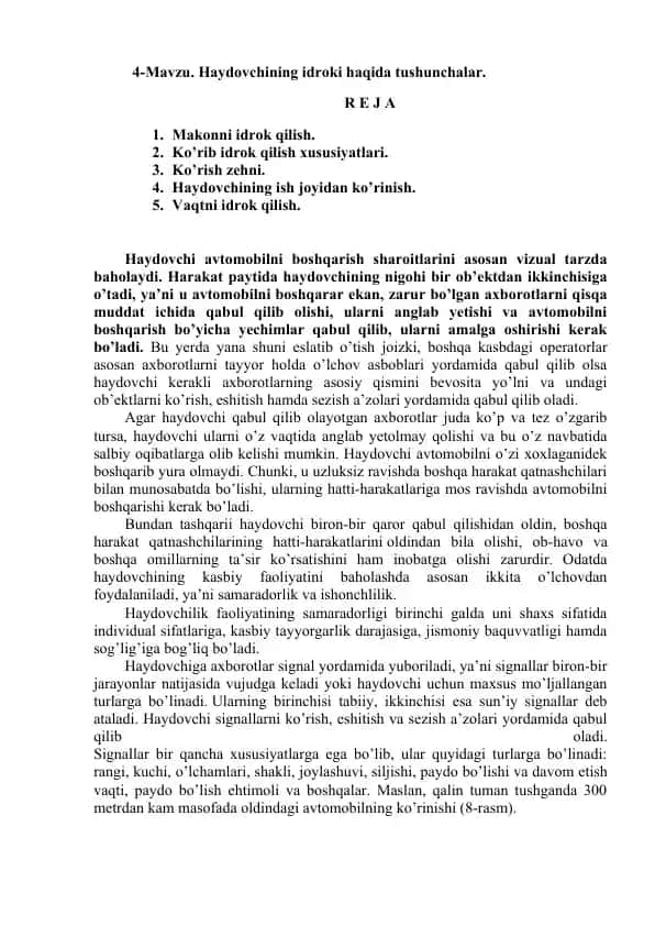 Haydovchining Idroki Haqida Tushunchalar