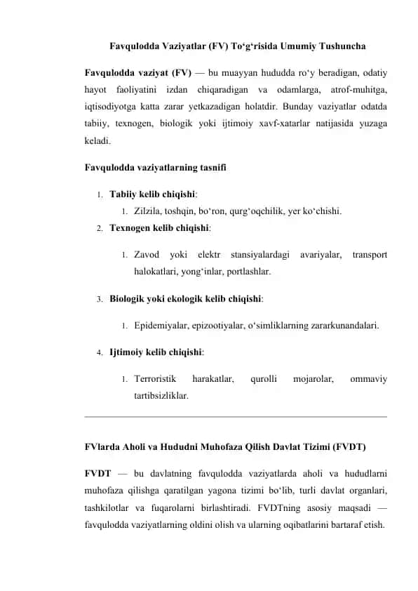 Favqulodda Vaziyatlar (FV) To‘g‘risida Umumiy Tushuncha