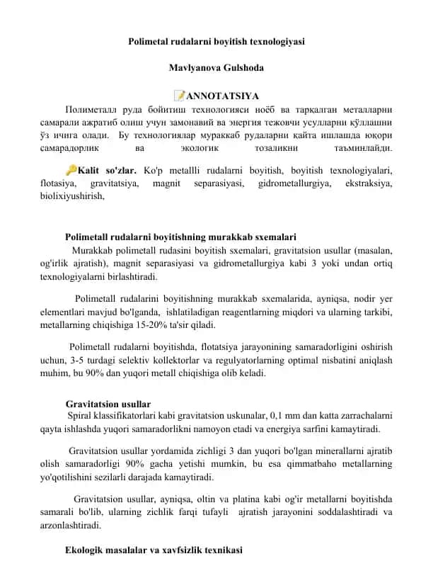 Polimetall rudalarni boyitish texnologiyasi