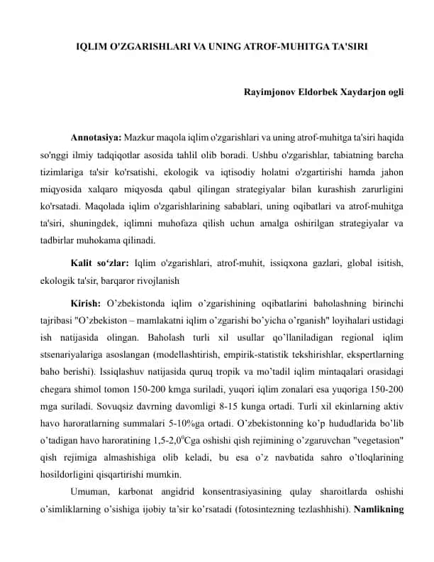 Iqlim O'zgarishlari va uning Atrof-Muhitga Ta'siri