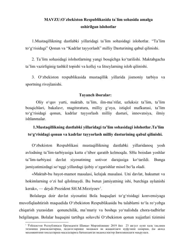 O‘zbekiston Respublikasida ta’lim sohasidagi islohotlar