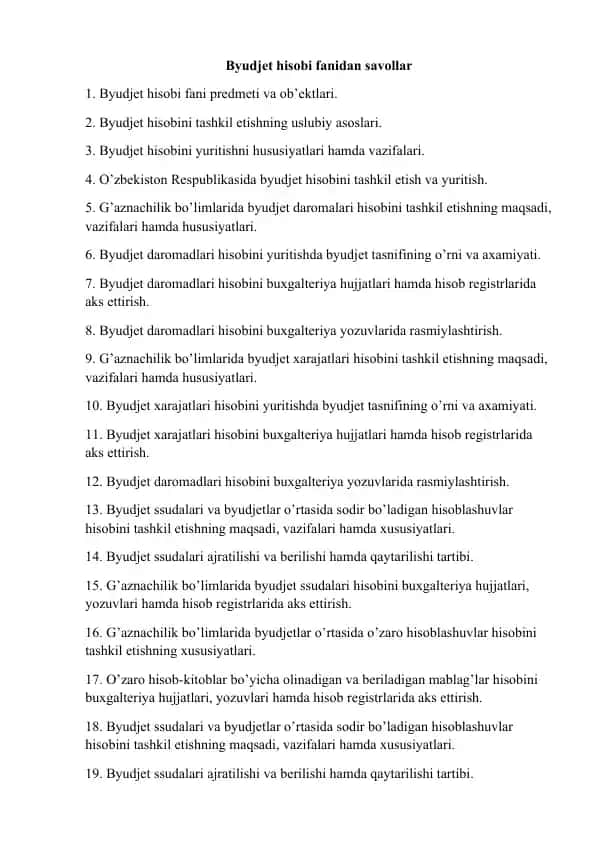 Byudjet hisobi fanidan savollar