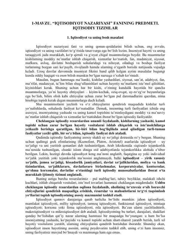 Iqtisodiyot Nazariyasi va Iqtisodiy Tizimlar