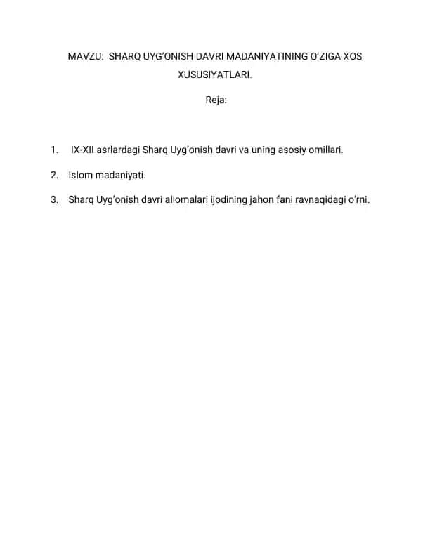 Sharq Uyg’onish davri madaniyatining Xususiyatlari
