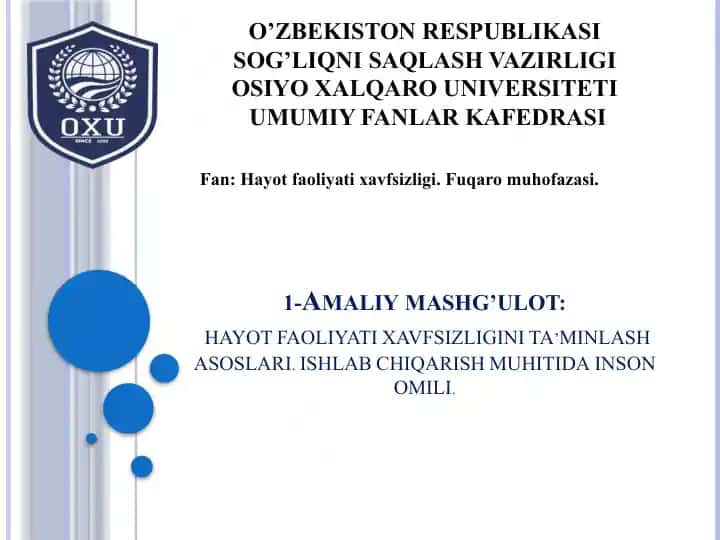 Hayot Faoliyati Xavfsizligi Ta’minlash Asoslari