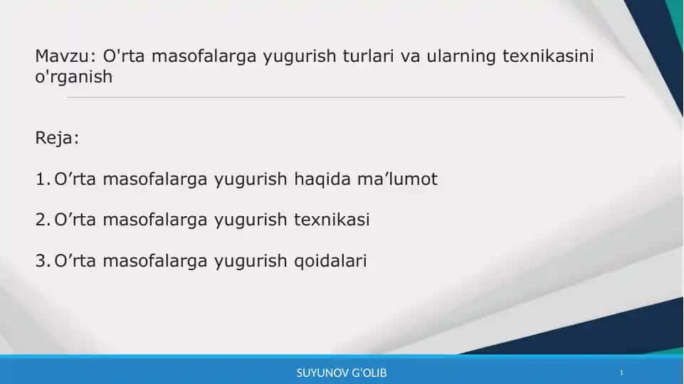 O'rta masofalarga yugurish turlari va ularning texnikasini o'rganish