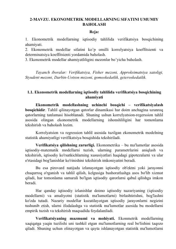 Ekonometrik Modellar Bosqichlarining Baholash