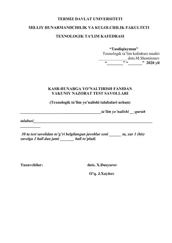 YAKUNIY NAZORAT TEST SAVOLLARI