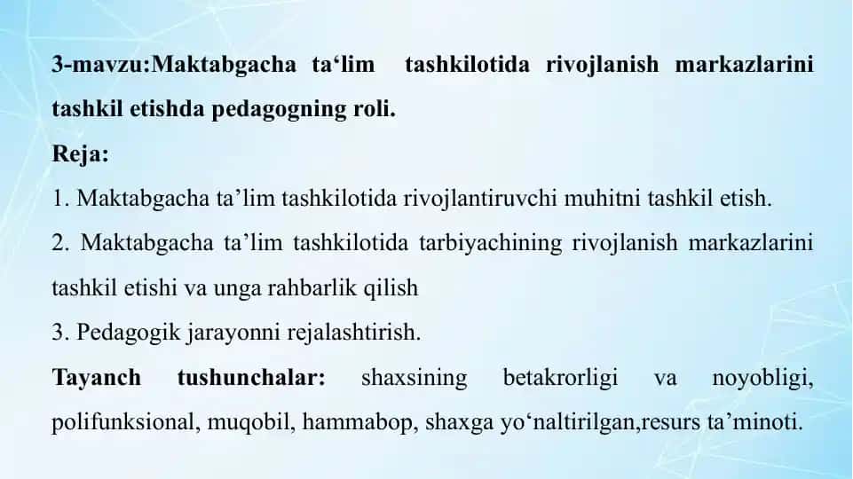 Maktabgacha ta‘lim tashkilotida rivojlanish markazlarini tashkil etish