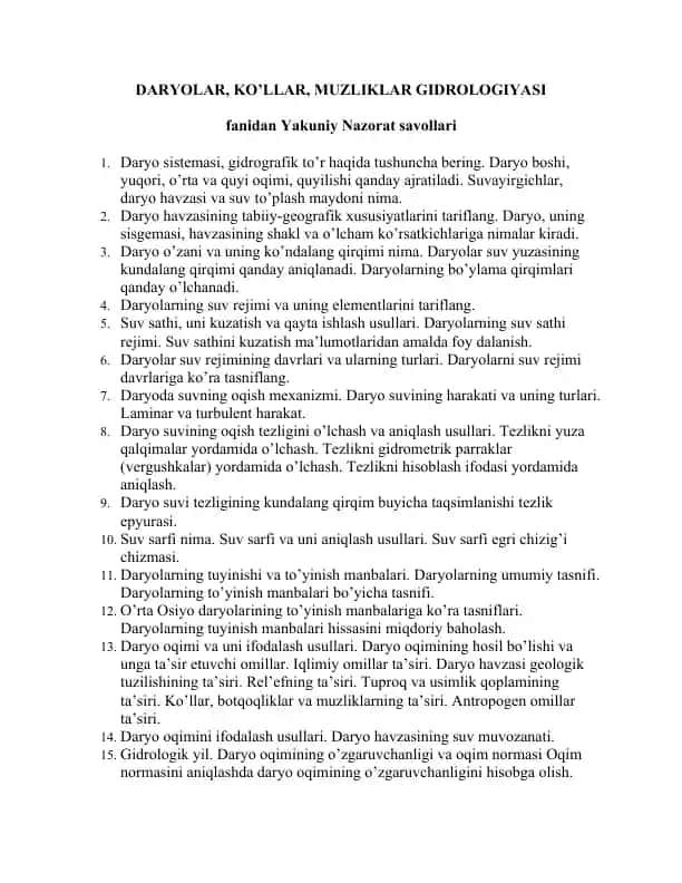 DARYOLAR, KO’LLAR, MUZLIKLAR GIDROLOGIYASI