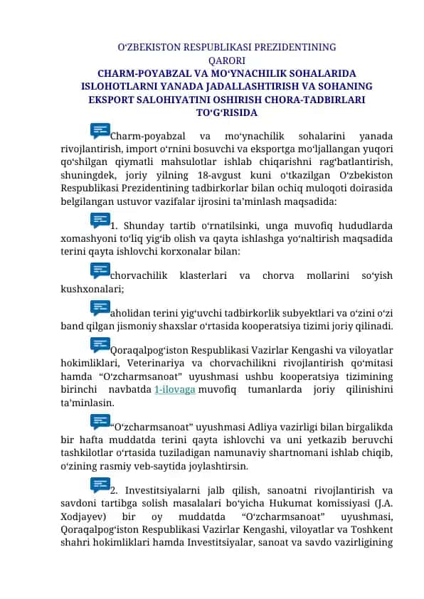 Charm-poyabzal va mo‘ynachilik sohalarida islohotlarni yanada jadallashtirish va sohaning eksport salohiyatini oshirish chora-tadbirlari to‘g‘risida Prezidentning qarori