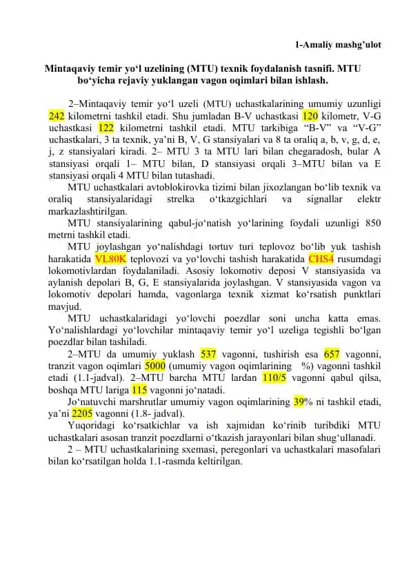 Mintaqaviy temir yo‘l uzelining (MTU) texnik foydalanish tasnifi