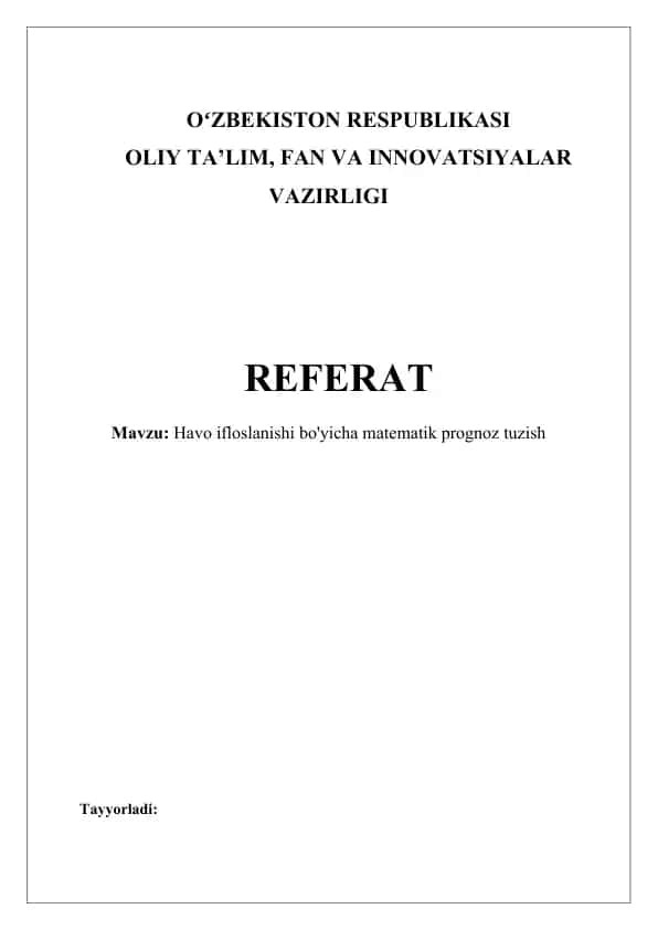 Havo ifloslanishi bo'yicha matematik prognoz tuzish