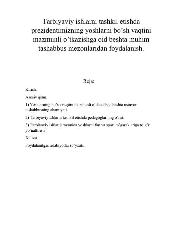 Prezident tashabbuslari asosida yoshlar tarbiyasi bo‘yicha beshta ustuvor tashabbus