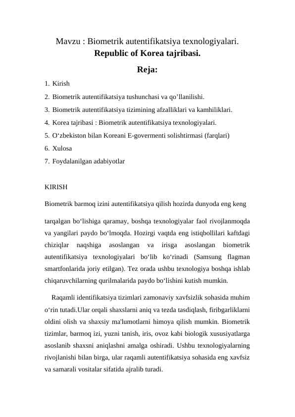 Biometrik autentifikatsiya texnologiyalari. Republic of Korea tajribasi
