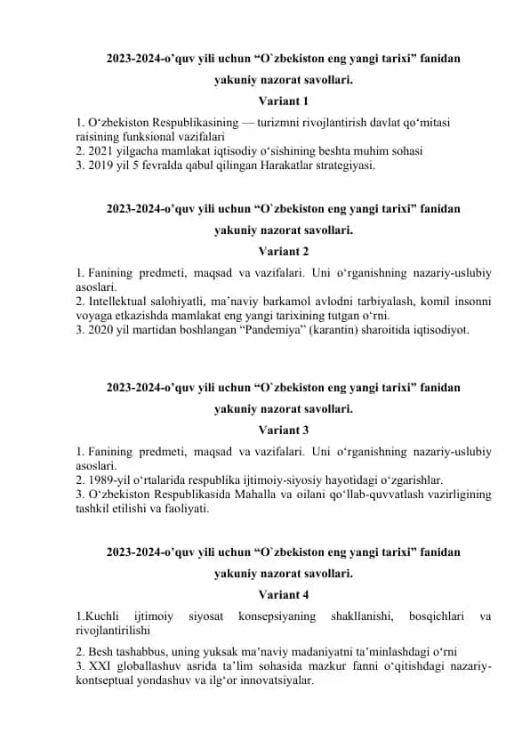 2023-2024-o’quv yili uchun “O`zbekiston eng yangi tarixi” fanidan yakuniy nazorat savollari.