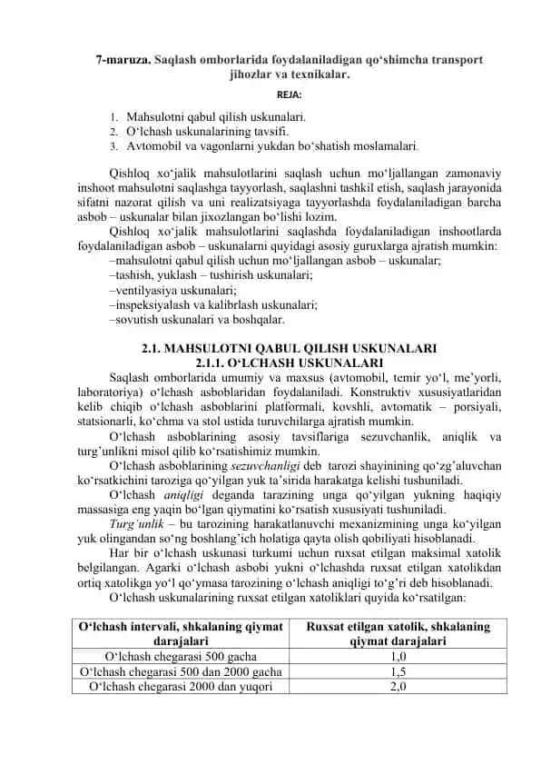 Saqlash omborlarida foydalaniladigan qo‘shimcha transport jihozlar va texnikalar