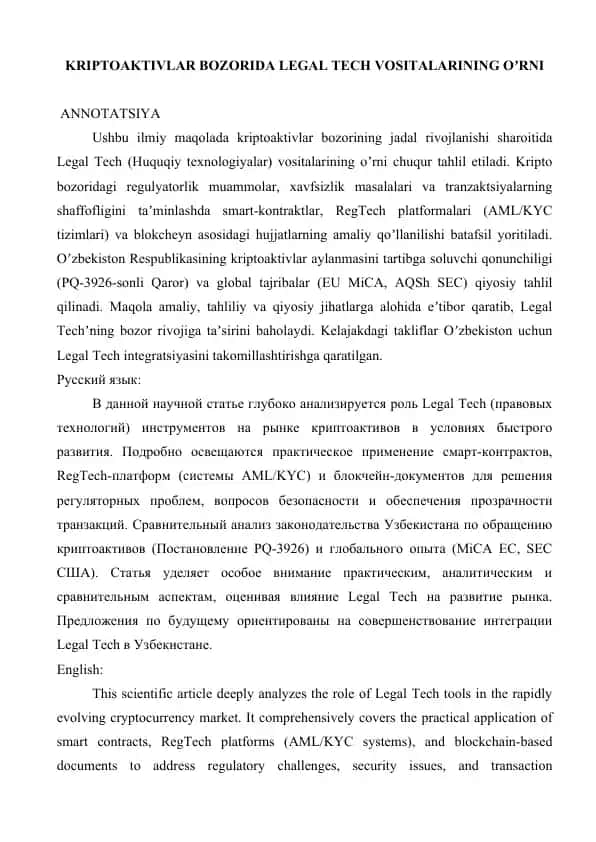 Kriptoaktivlar bozorida Legal Tech vositalarining o'rni