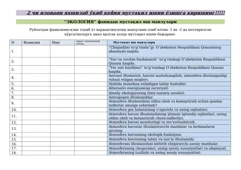 “ЭКОЛОГИЯ” фанидан мустақил иш мавзулари