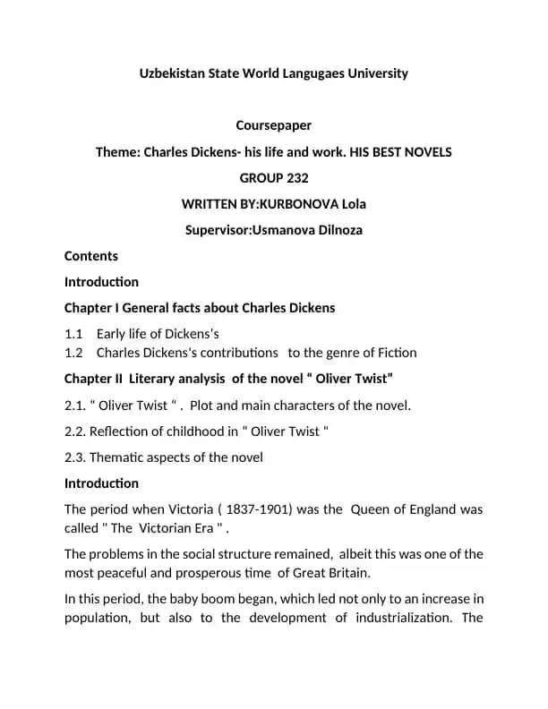 Charles Dickens - His Life and Work. His Best Novels (Course Paper)