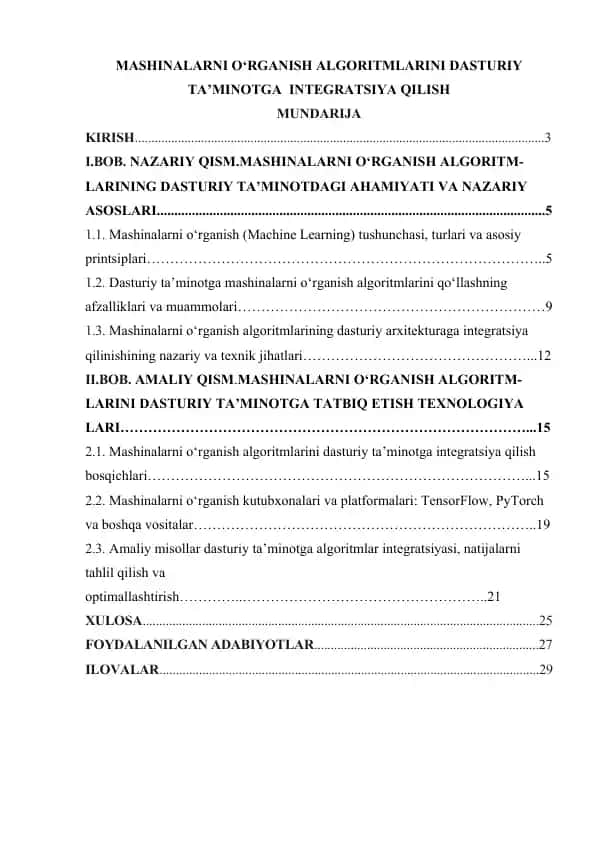 MASHINALARNI O‘RGANISH ALGORITMLARINI DASTURIY TA’MINOTGA INTEGRATSIYA QILISH